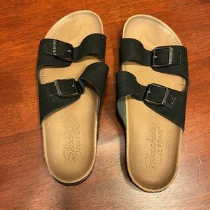 SKECHERS Two-Strap Black Sandals. Luxe Foam cushioned comfort insole. Size 8